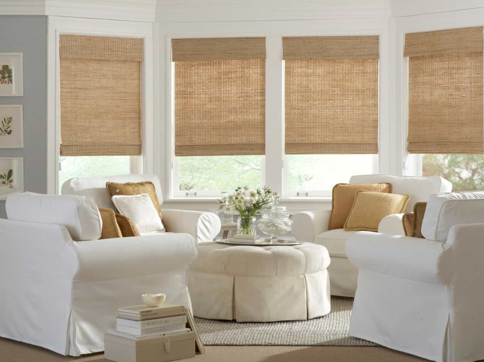 bamboo shades in living room | window treatments in blue bell, pa