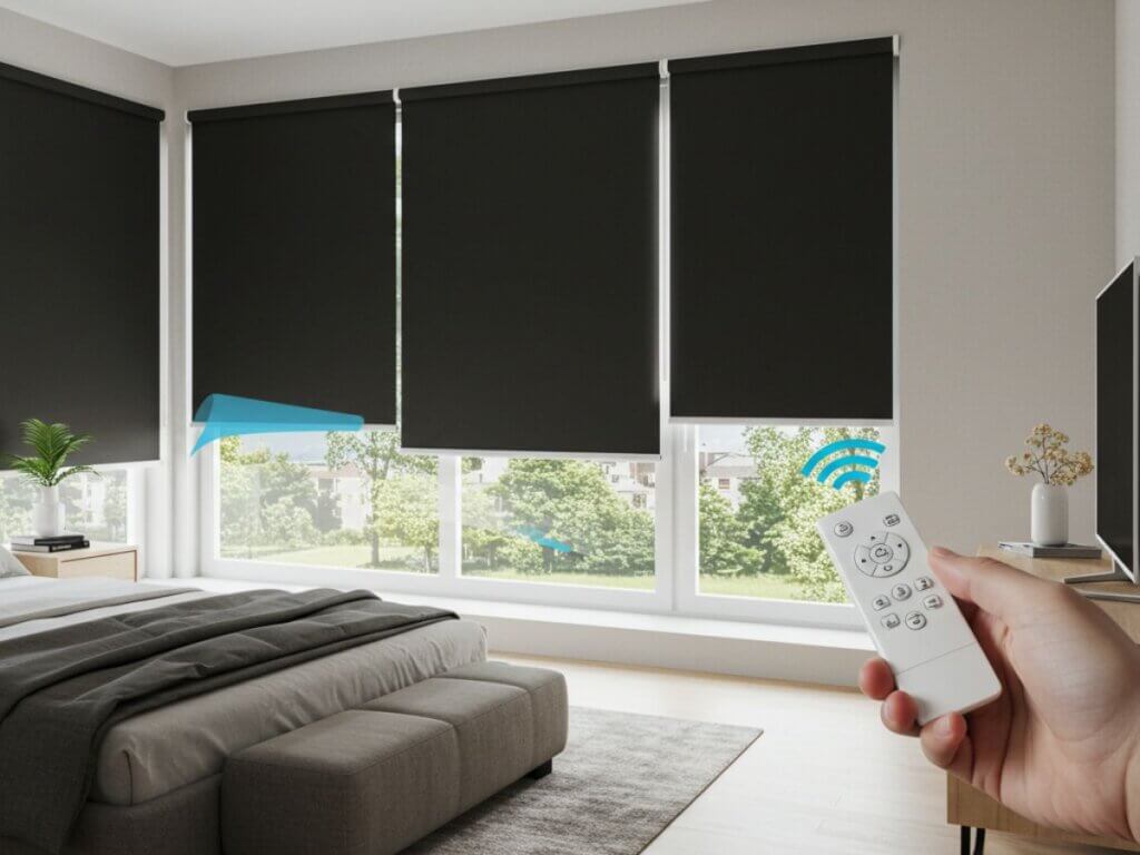 During the day, motorized blackout shades allow you to control the amount of natural light entering your space with the touch of a button