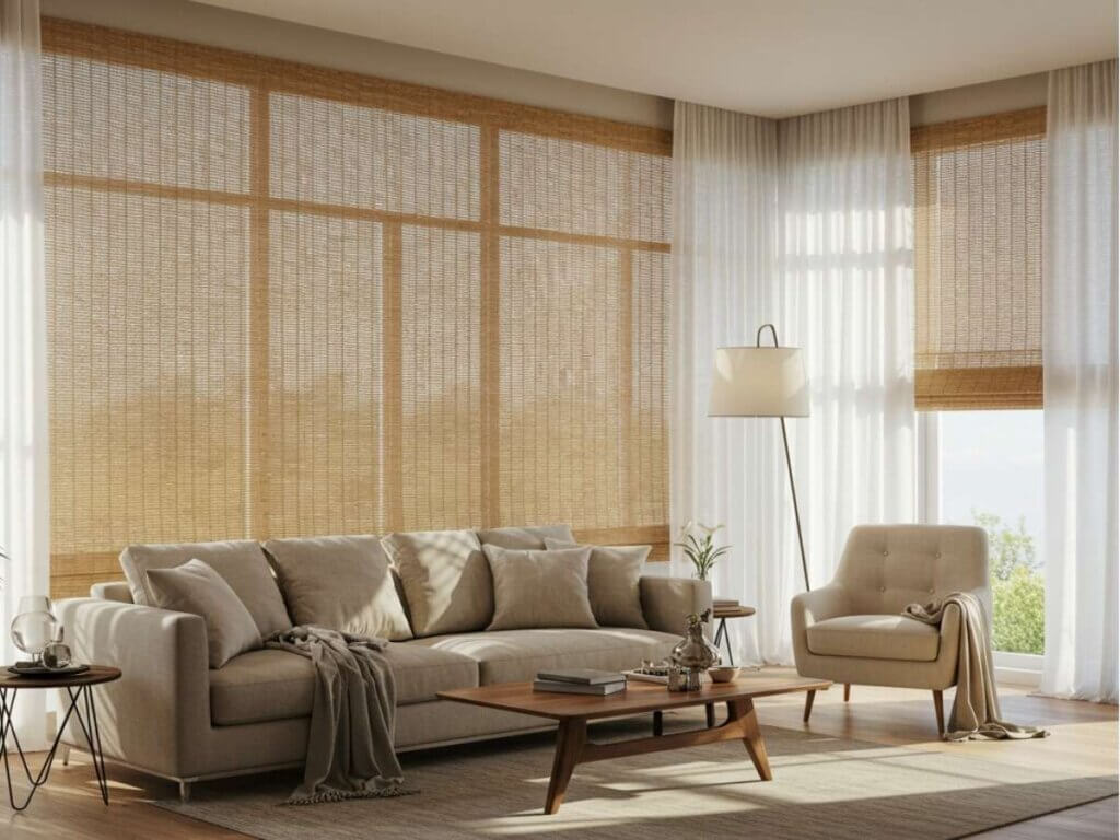 Woven shades evoke a clean, organic feel, reminiscent of fresh linen or warm hardwood under bare feet. They are made from natural materials such as bamboo, grasses, and reeds.